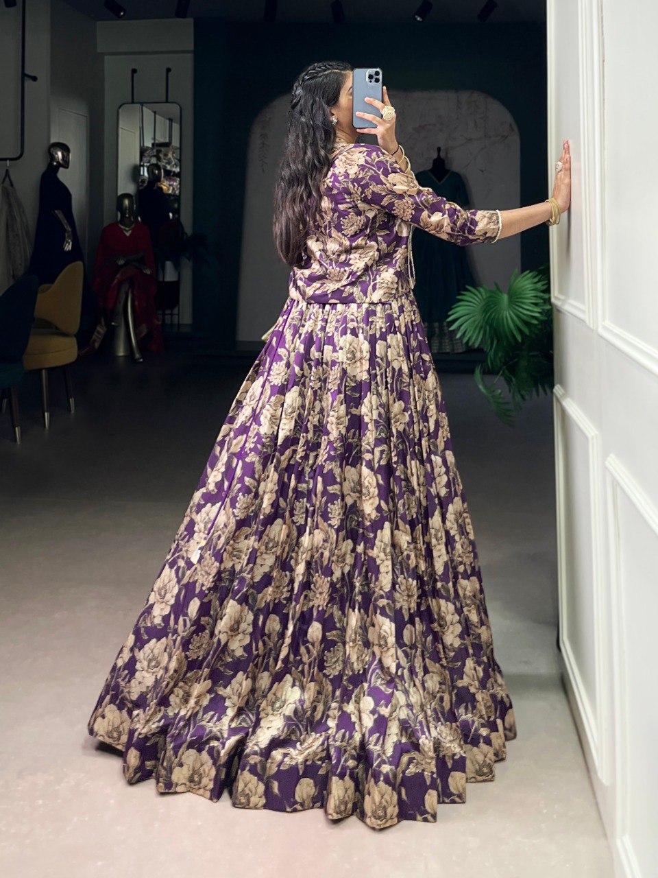 Purple Elegant Tasar Silk Floral Printed Lehenga Choli with Matching Koti – Stitched Traditional Ensemble with Lace Detailing ClothsVilla