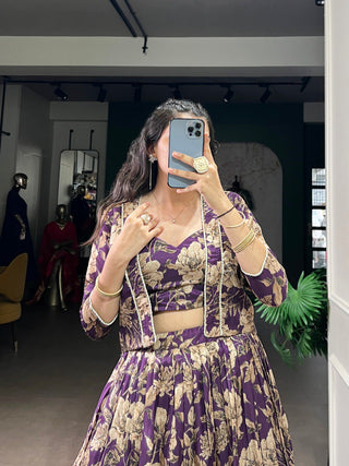 Purple Elegant Tasar Silk Floral Printed Lehenga Choli with Matching Koti – Stitched Traditional Ensemble with Lace Detailing ClothsVilla