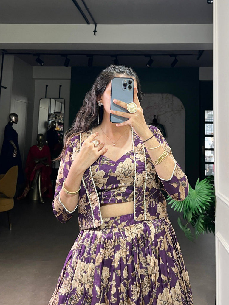 Purple Elegant Tasar Silk Floral Printed Lehenga Choli with Matching Koti – Stitched Traditional Ensemble with Lace Detailing ClothsVilla