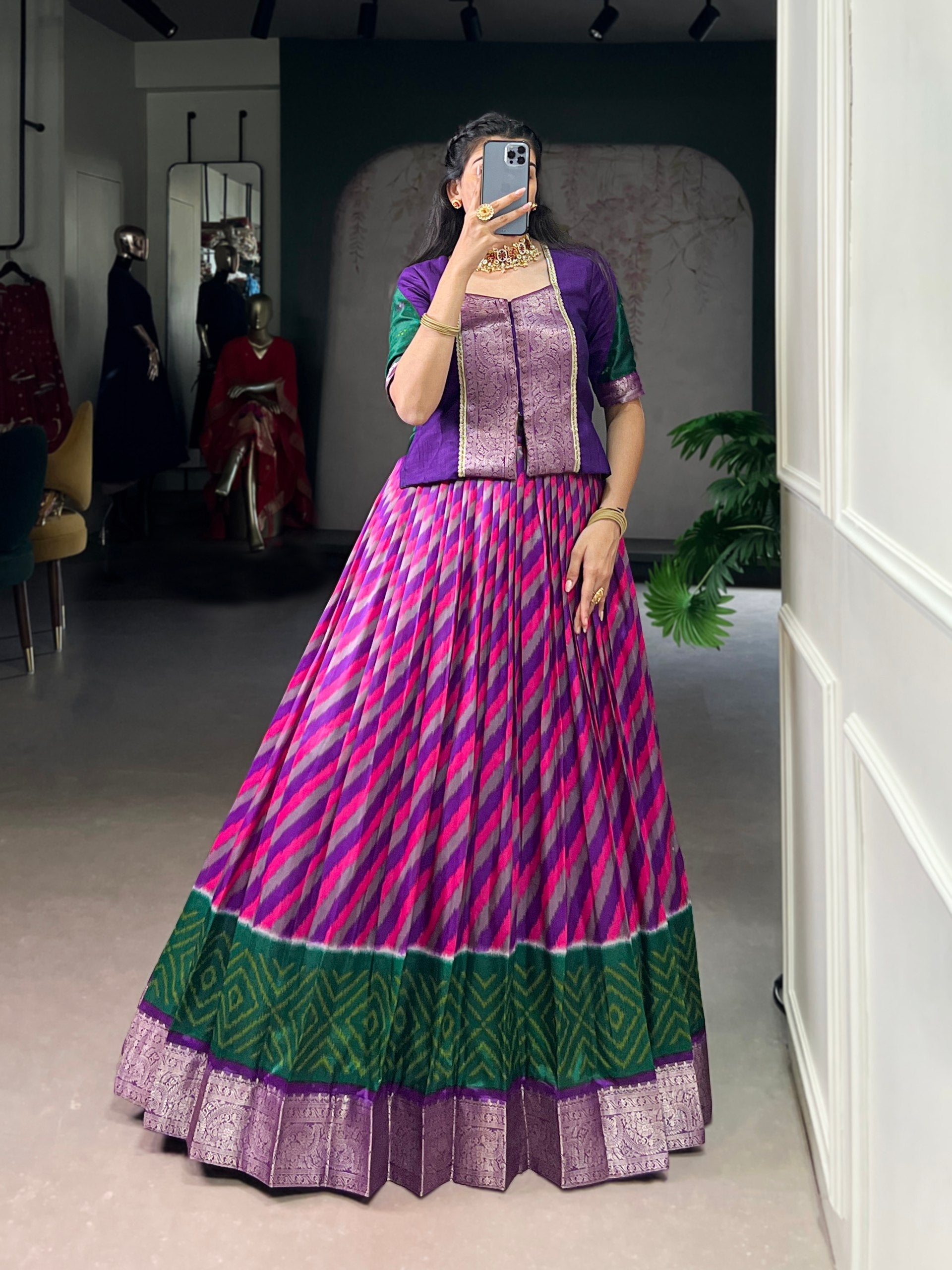 Purple Elegant Tasar Silk Lehenga with Leheriya Print & Zari Work – Stitched Lehenga with Vichitra Silk Blouse ClothsVilla Main image