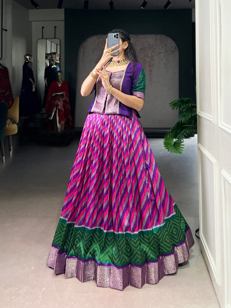 Purple Elegant Tasar Silk Lehenga with Leheriya Print & Zari Work – Stitched Lehenga with Vichitra Silk Blouse ClothsVilla
