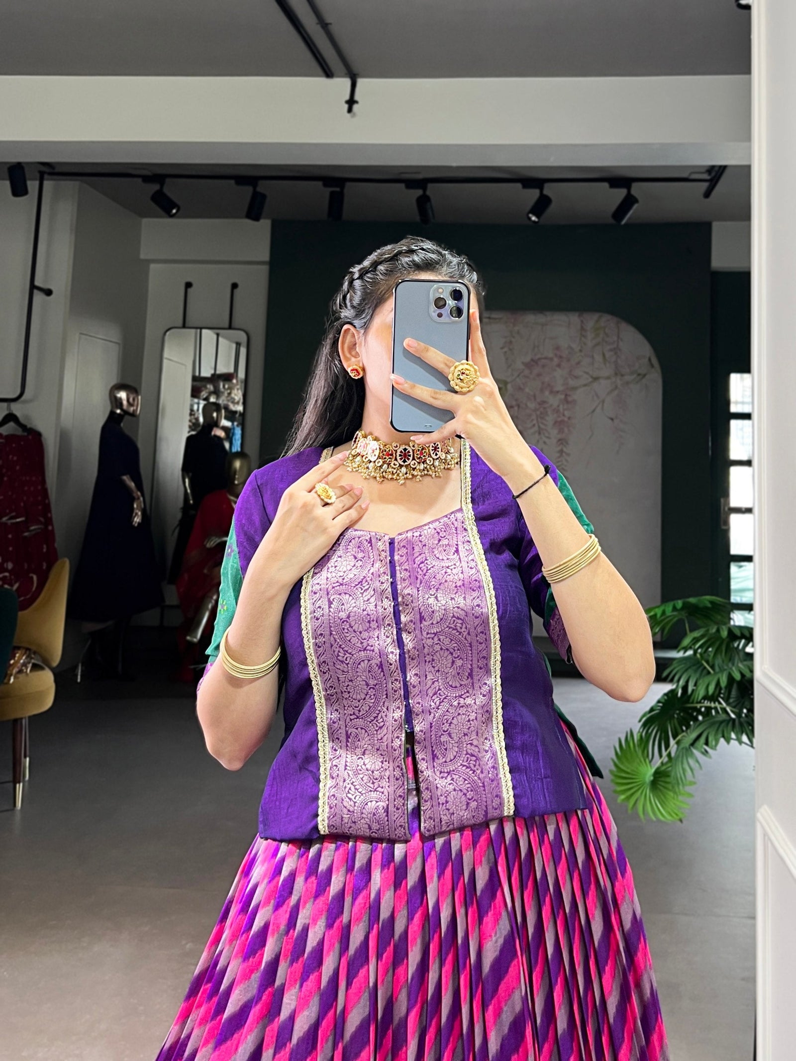 Purple Elegant Tasar Silk Lehenga with Leheriya Print & Zari Work – Stitched Lehenga with Vichitra Silk Blouse ClothsVilla