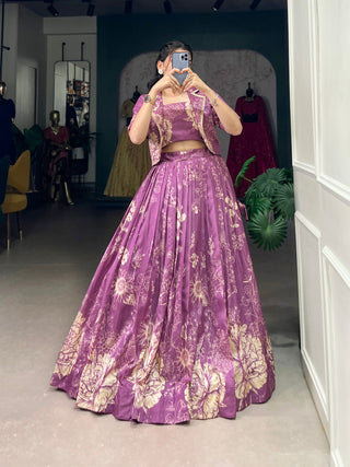 Purple Elegant Tussar Silk Floral Co-ord Set – Lehenga, Blouse & Koti