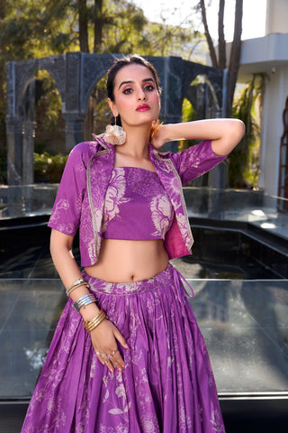 Purple Elegant Tussar Silk Floral Co-ord Set – Lehenga, Blouse & Koti ClothsVilla