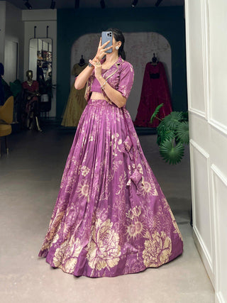Purple Elegant Tussar Silk Floral Co-ord Set – Lehenga, Blouse & Koti