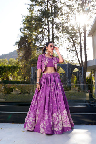 Purple Elegant Tussar Silk Floral Co-ord Set – Lehenga, Blouse & Koti ClothsVilla