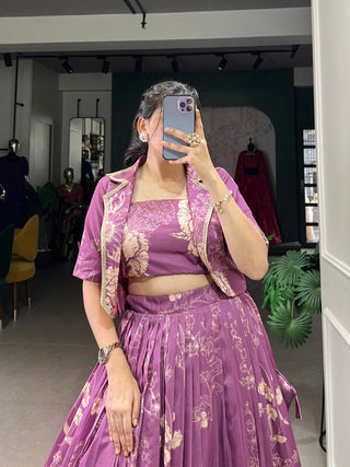 Purple Elegant Tussar Silk Floral Co-ord Set – Lehenga, Blouse & Koti
