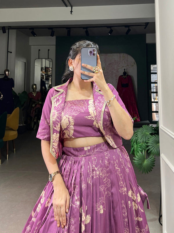 Purple Elegant Tussar Silk Floral Co-ord Set – Lehenga, Blouse & Koti