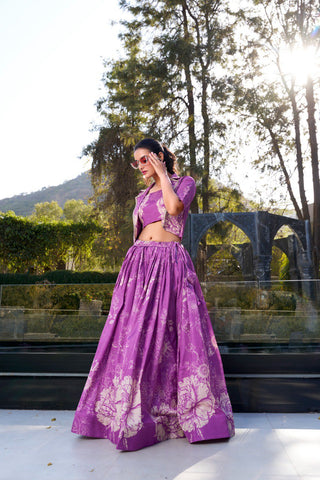 Purple Elegant Tussar Silk Floral Co-ord Set – Lehenga, Blouse & Koti ClothsVilla