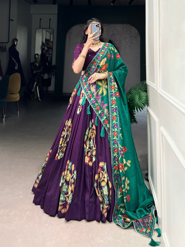 Purple Elegant Tussar Silk Printed Lehenga Set with Foil Work & Gotta Patti Dupatta ClothsVilla