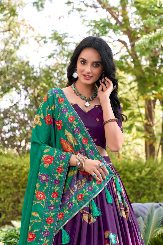 Purple Elegant Tussar Silk Printed Lehenga Set with Foil Work & Gotta Patti Dupatta ClothsVilla