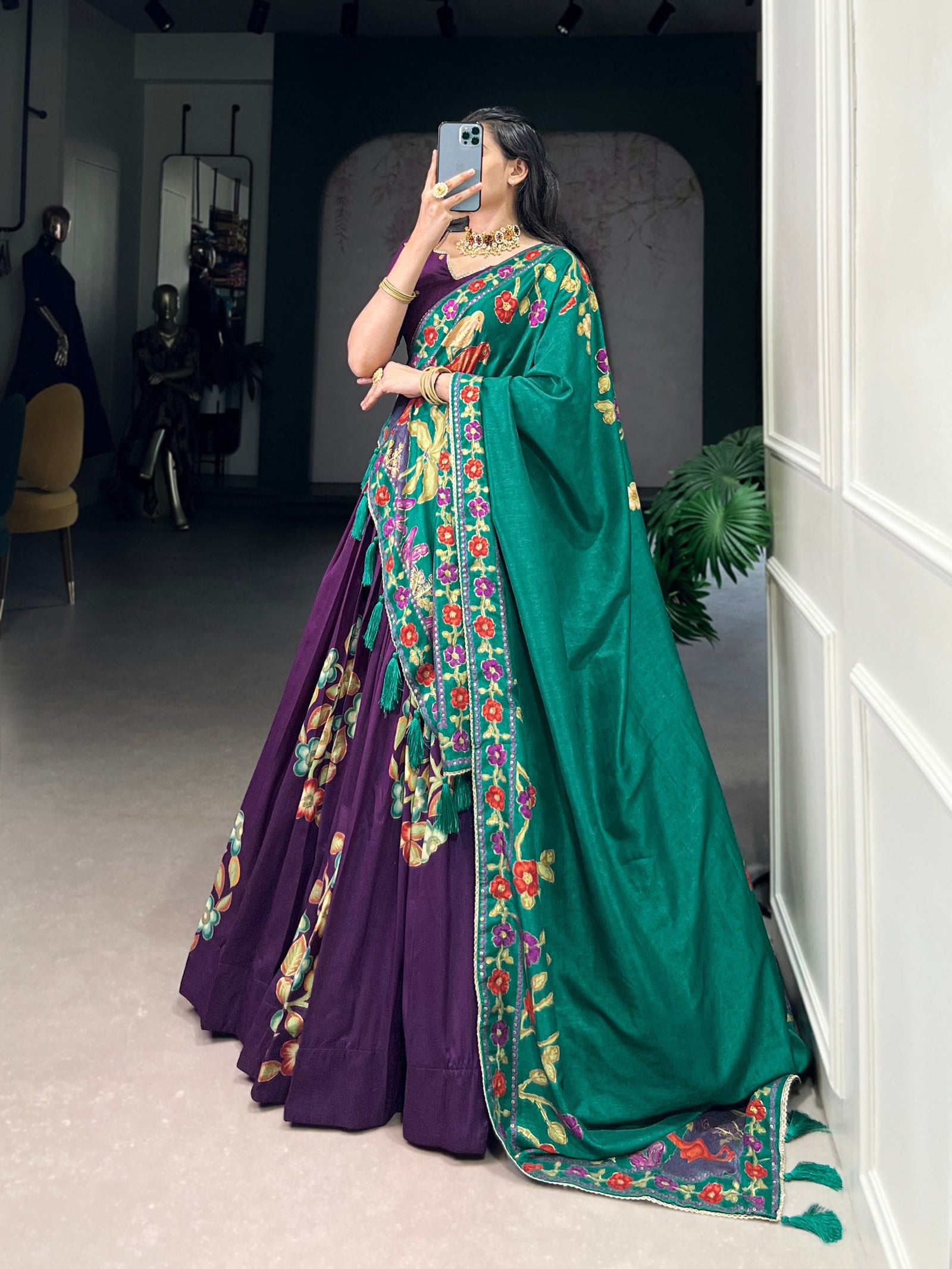 Purple Elegant Tussar Silk Printed Lehenga Set with Foil Work & Gotta Patti Dupatta ClothsVilla