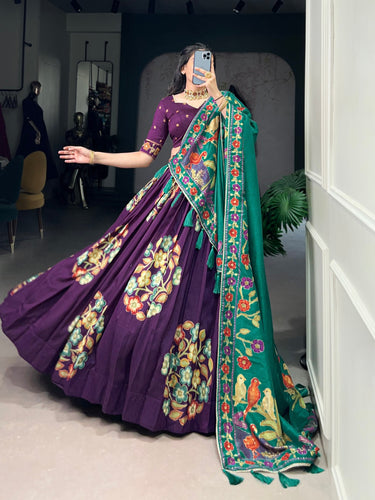 Purple Elegant Tussar Silk Printed Lehenga Set with Foil Work & Gotta Patti Dupatta ClothsVilla
