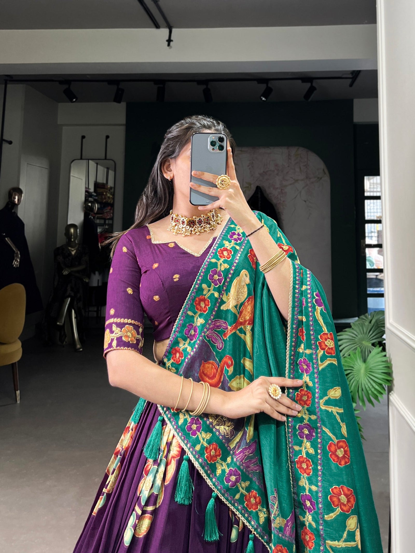 Purple Elegant Tussar Silk Printed Lehenga Set with Foil Work & Gotta Patti Dupatta ClothsVilla