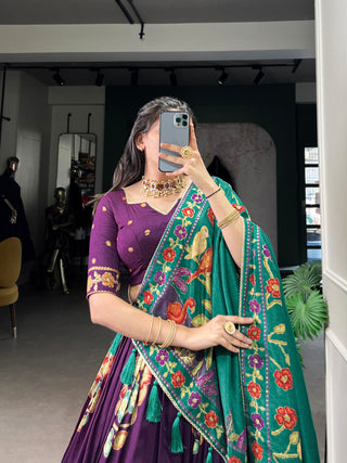 Purple Elegant Tussar Silk Printed Lehenga Set with Foil Work & Gotta Patti Dupatta ClothsVilla