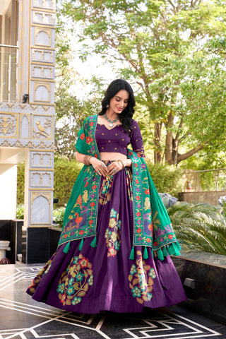 Purple Elegant Tussar Silk Printed Lehenga Set with Foil Work & Gotta Patti Dupatta ClothsVilla