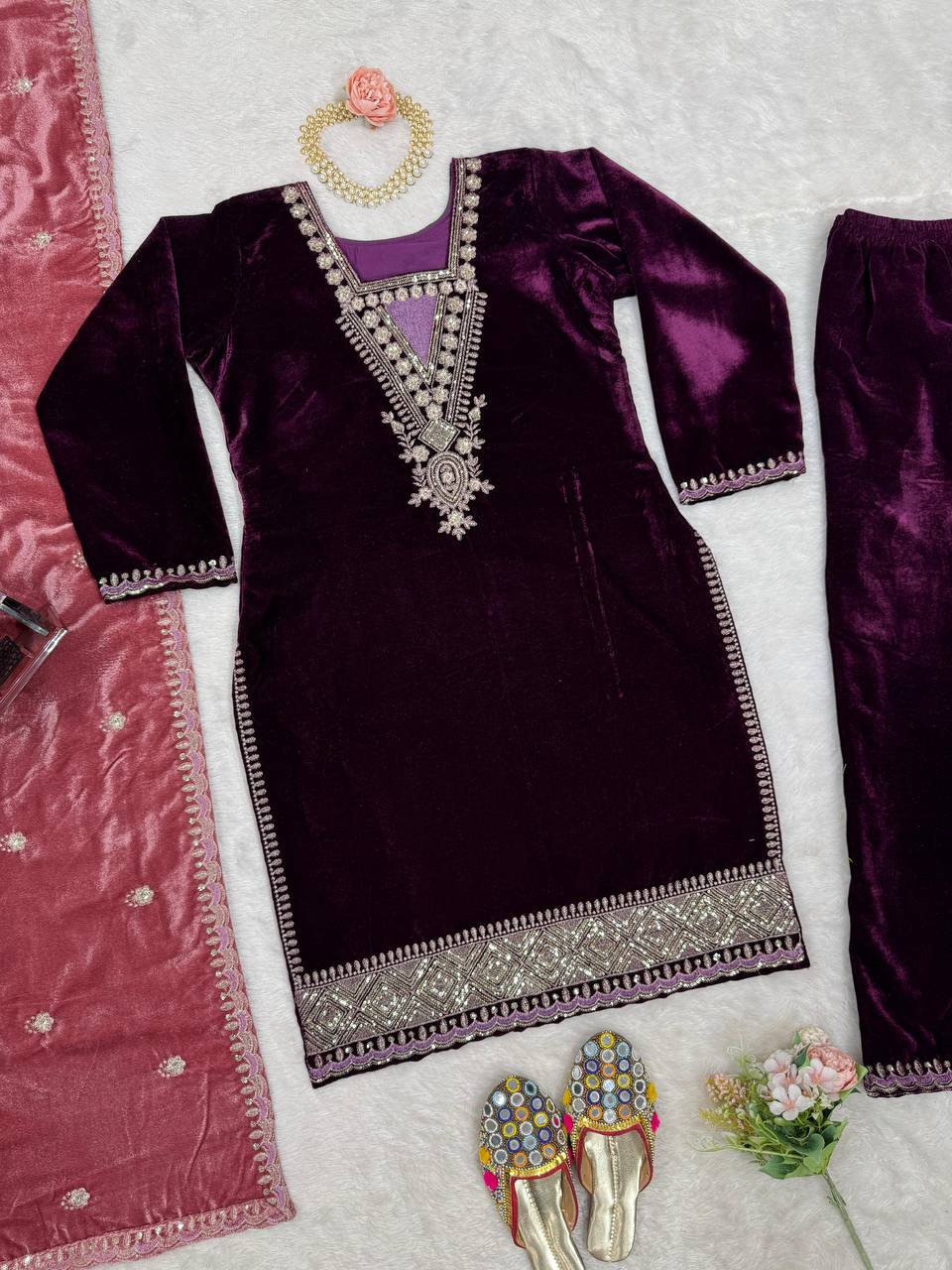 Purple Elegant Velvet Ensemble – Luxe Thread & Sequin Work ClothsVilla