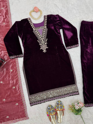 Purple Elegant Velvet Ensemble – Luxe Thread & Sequin Work ClothsVilla