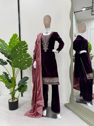 Purple Elegant Velvet Ensemble – Luxe Thread & Sequin Work ClothsVilla