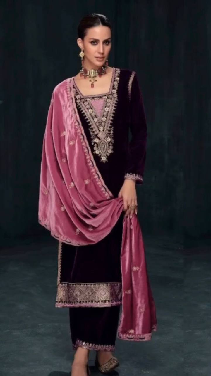 Purple Elegant Velvet Ensemble – Luxe Thread & Sequin Work ClothsVilla