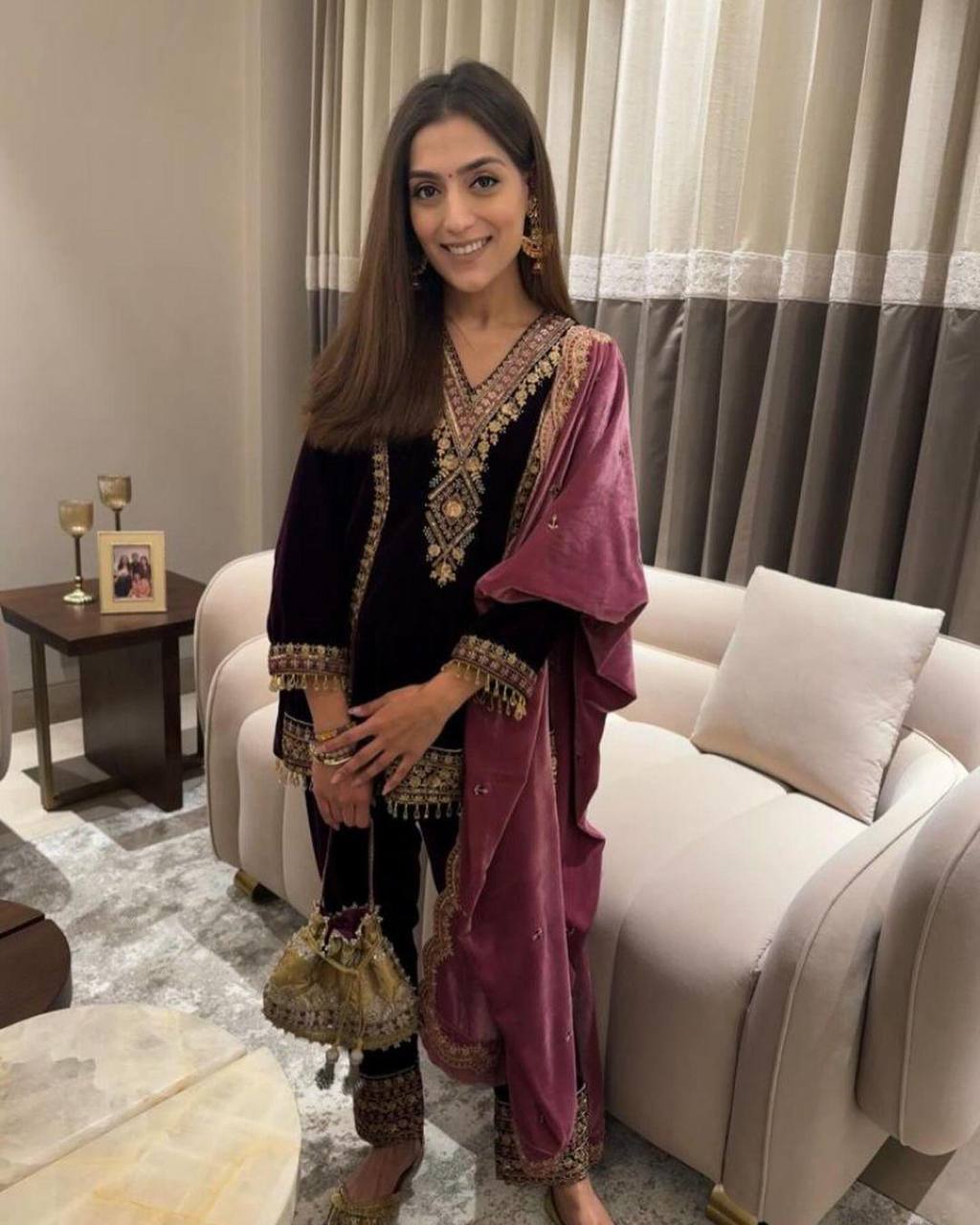 Purple Elegant Velvet Ensemble – Luxe Thread & Sequin Work ClothsVilla