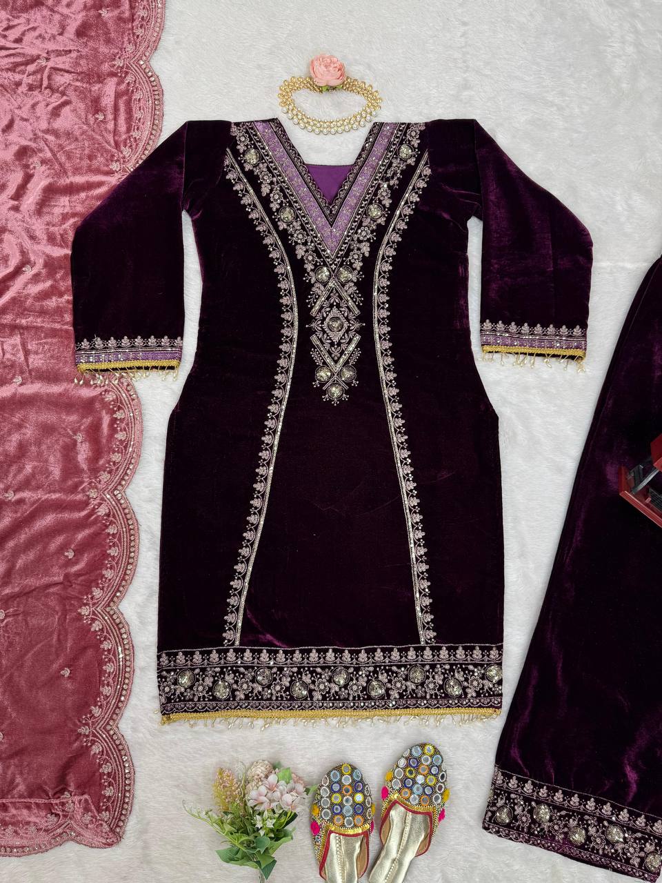 Purple Elegant Velvet Ensemble – Luxe Thread & Sequin Work ClothsVilla