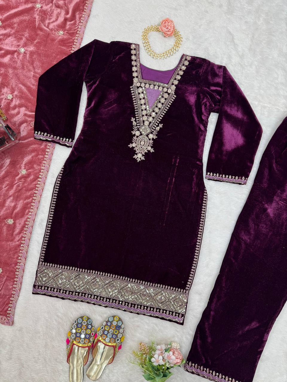 Purple Elegant Velvet Ensemble – Luxe Thread & Sequin Work ClothsVilla
