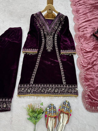Purple Elegant Velvet Ensemble – Luxe Thread & Sequin Work ClothsVilla