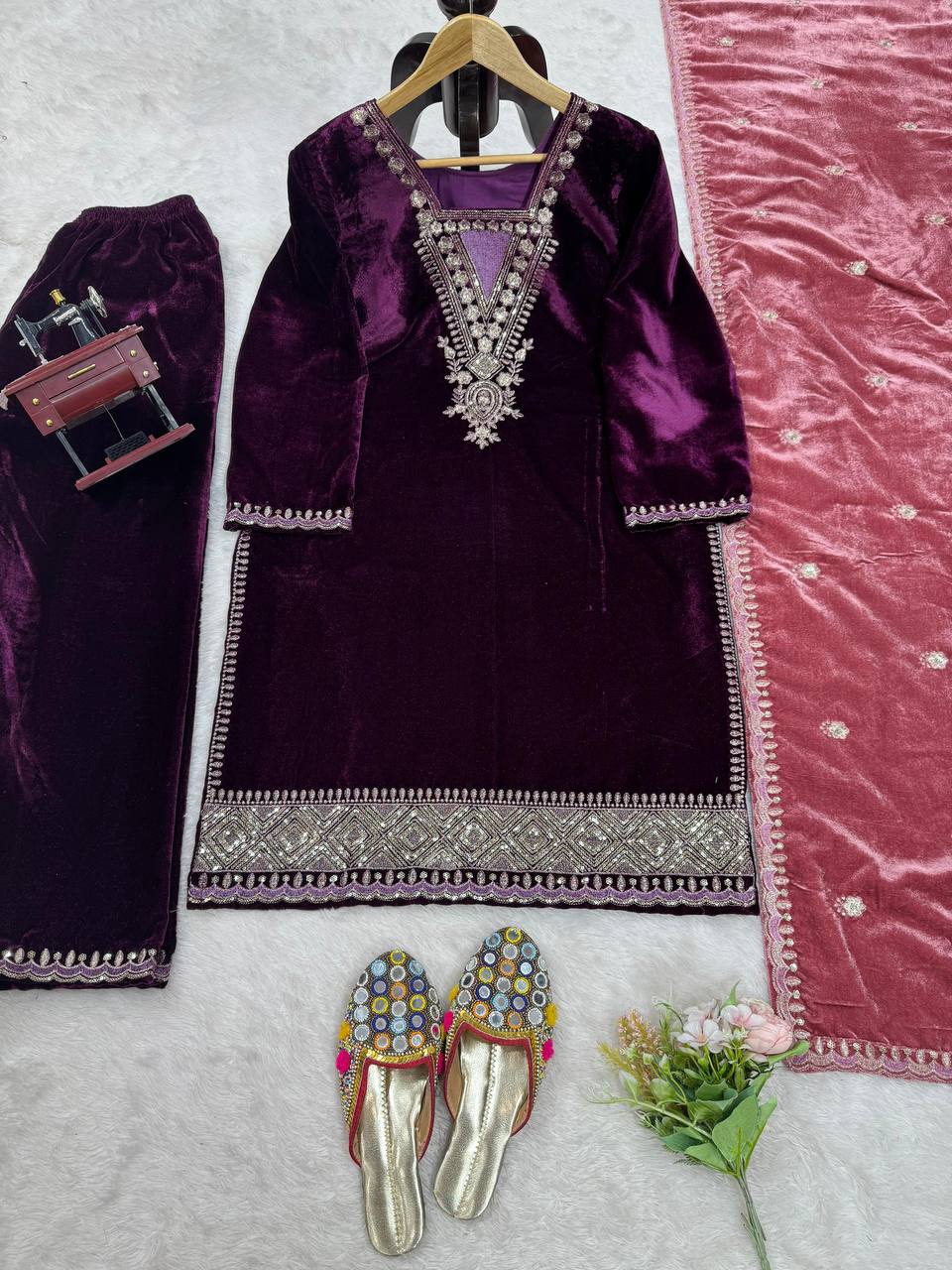 Purple Elegant Velvet Ensemble – Luxe Thread & Sequin Work ClothsVilla