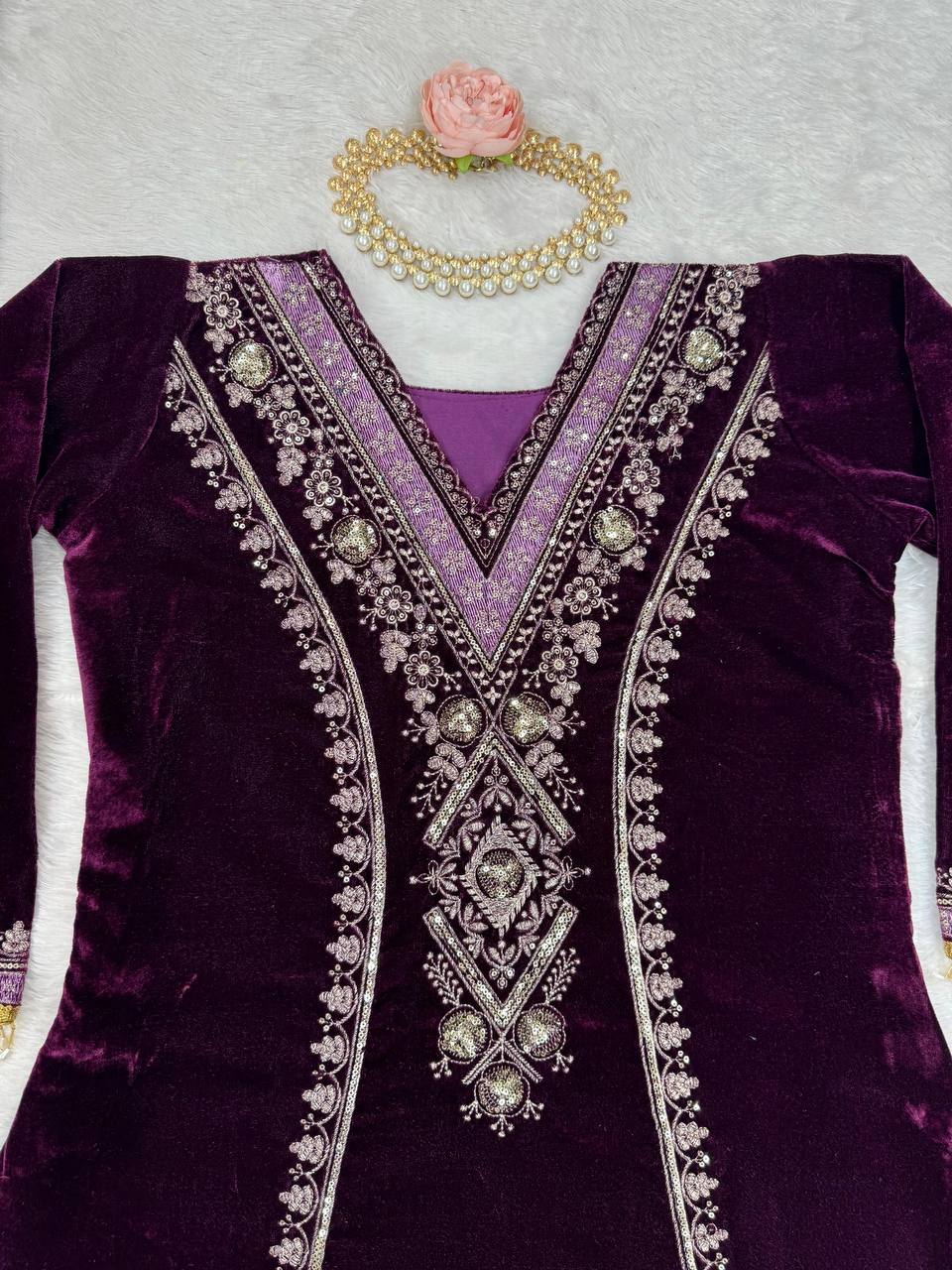 Purple Elegant Velvet Ensemble – Luxe Thread & Sequin Work ClothsVilla