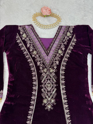 Purple Elegant Velvet Ensemble – Luxe Thread & Sequin Work ClothsVilla