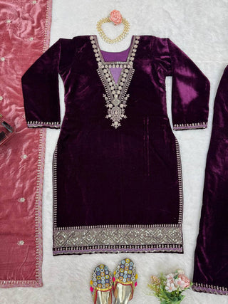 Purple Elegant Velvet Ensemble – Luxe Thread & Sequin Work ClothsVilla