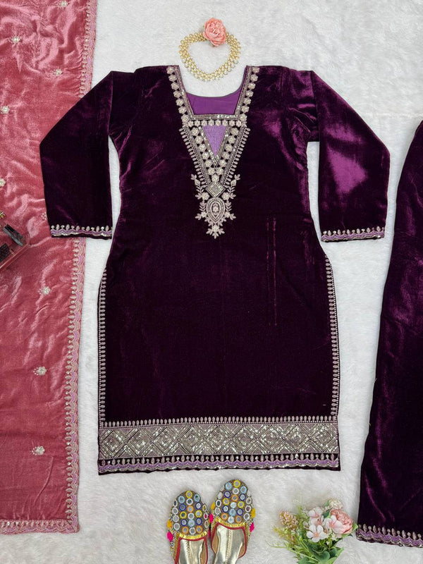 Purple Elegant Velvet Ensemble – Luxe Thread & Sequin Work ClothsVilla