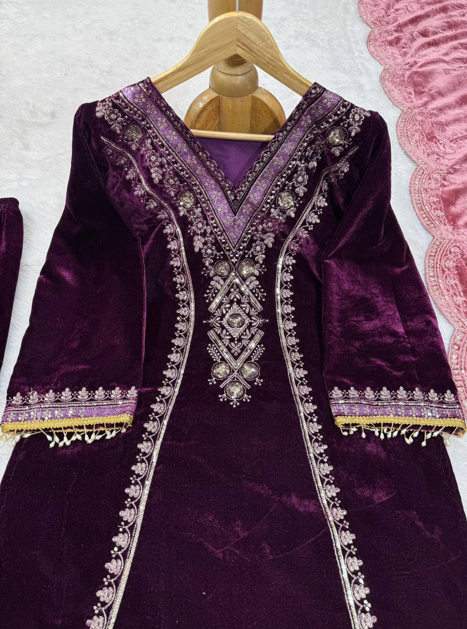 Purple Elegant Velvet Ensemble – Luxe Thread & Sequin Work ClothsVilla