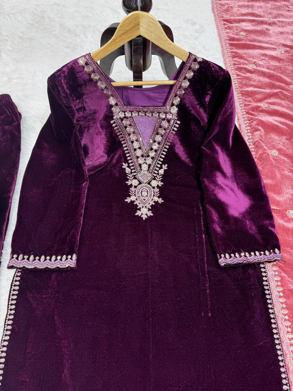 Purple Elegant Velvet Ensemble – Luxe Thread & Sequin Work ClothsVilla