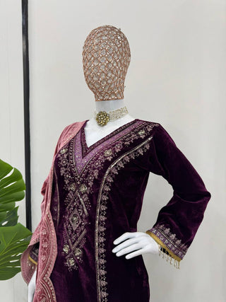 Purple Elegant Velvet Ensemble – Luxe Thread & Sequin Work ClothsVilla