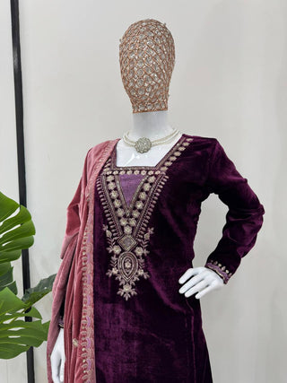 Purple Elegant Velvet Ensemble – Luxe Thread & Sequin Work ClothsVilla