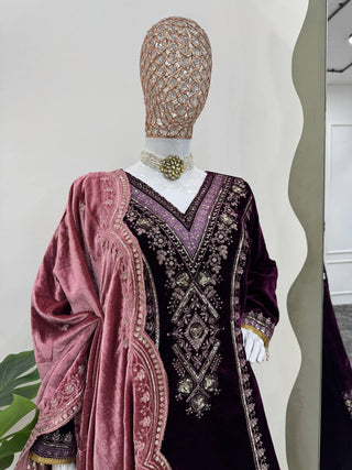 Purple Elegant Velvet Ensemble – Luxe Thread & Sequin Work ClothsVilla