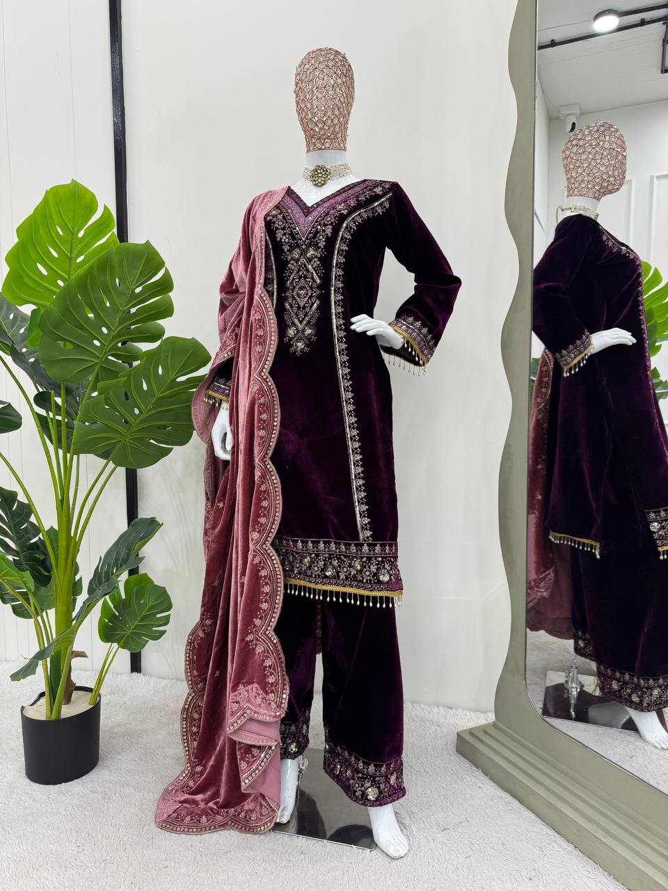 Purple Elegant Velvet Ensemble – Luxe Thread & Sequin Work ClothsVilla