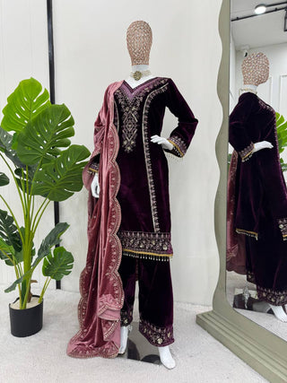 Purple Elegant Velvet Ensemble – Luxe Thread & Sequin Work ClothsVilla