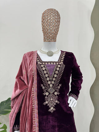 Purple Elegant Velvet Ensemble – Luxe Thread & Sequin Work ClothsVilla