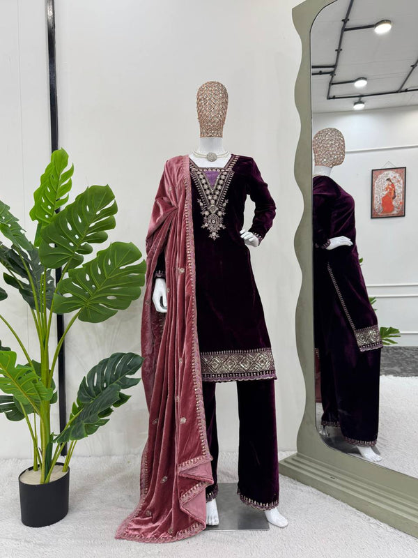 Purple Elegant Velvet Ensemble – Luxe Thread & Sequin Work ClothsVilla