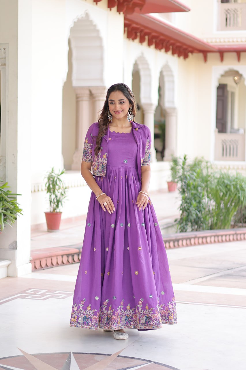 Purple Elegant Vichitra Silk Embroidered Gown with Designer Sleeveless Silhouette & Embroidered Koti – Premium Stitched Ensemble ClothsVilla
