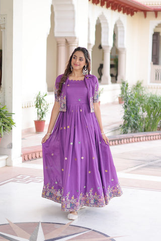 Purple Elegant Vichitra Silk Embroidered Gown with Designer Sleeveless Silhouette & Embroidered Koti – Premium Stitched Ensemble ClothsVilla