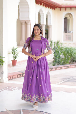 Purple Elegant Vichitra Silk Embroidered Gown with Designer Sleeveless Silhouette & Embroidered Koti – Premium Stitched Ensemble ClothsVilla