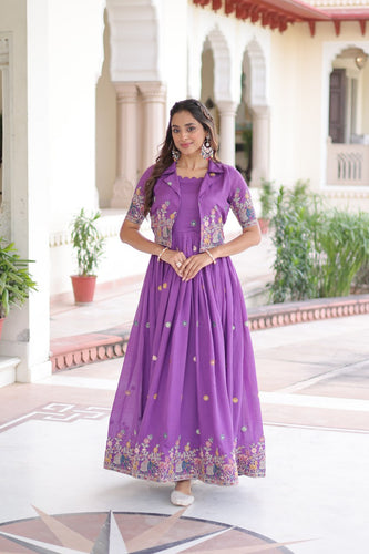 Purple Elegant Vichitra Silk Embroidered Gown with Designer Sleeveless Silhouette & Embroidered Koti – Premium Stitched Ensemble ClothsVilla