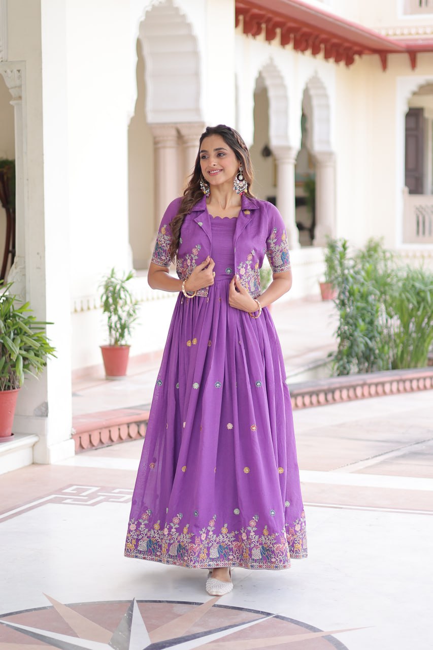Purple Elegant Vichitra Silk Embroidered Gown with Designer Sleeveless Silhouette & Embroidered Koti – Premium Stitched Ensemble ClothsVilla Main image