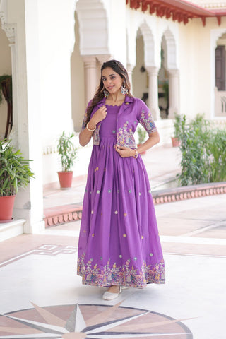 Purple Elegant Vichitra Silk Embroidered Gown with Designer Sleeveless Silhouette & Embroidered Koti – Premium Stitched Ensemble ClothsVilla