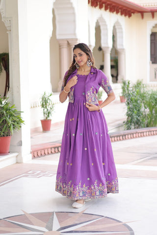 Purple Elegant Vichitra Silk Embroidered Gown with Designer Sleeveless Silhouette & Embroidered Koti – Premium Stitched Ensemble ClothsVilla