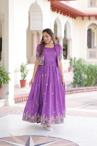 Purple Elegant Vichitra Silk Embroidered Gown with Designer Sleeveless Silhouette & Embroidered Koti – Premium Stitched Ensemble ClothsVilla